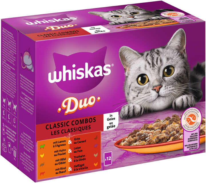 whiskas Katzen-Nassfutter DUO Portionsbeutel Multipack Classic Combos in Gelee 12 x 85g